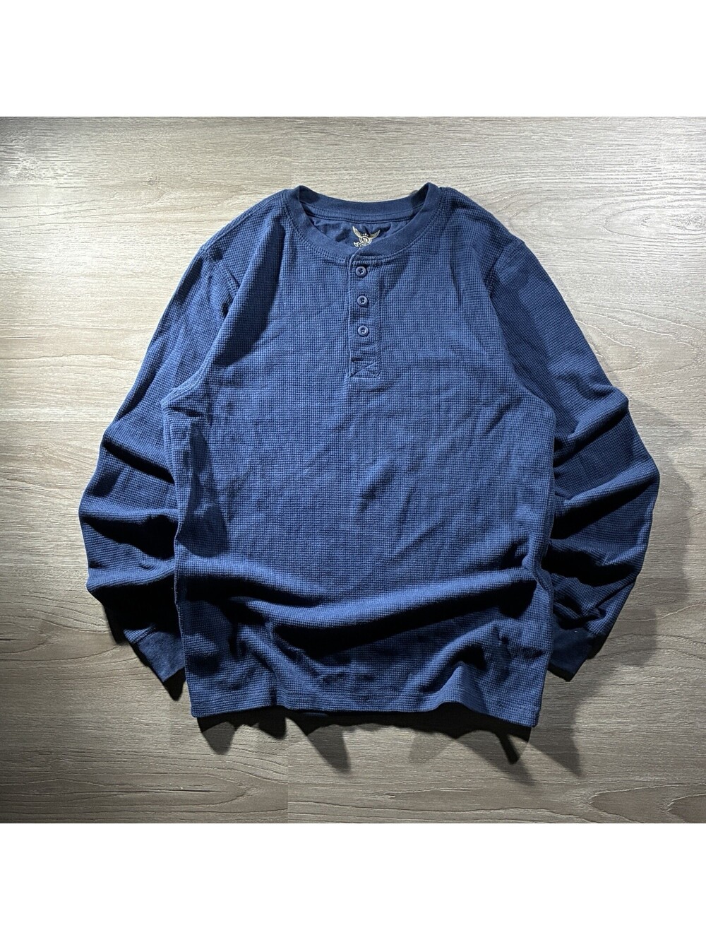 Vintage Faded Glory Mens M Blue Waffle Knit Thermal Long Sleeve Henley Shirt Y2K